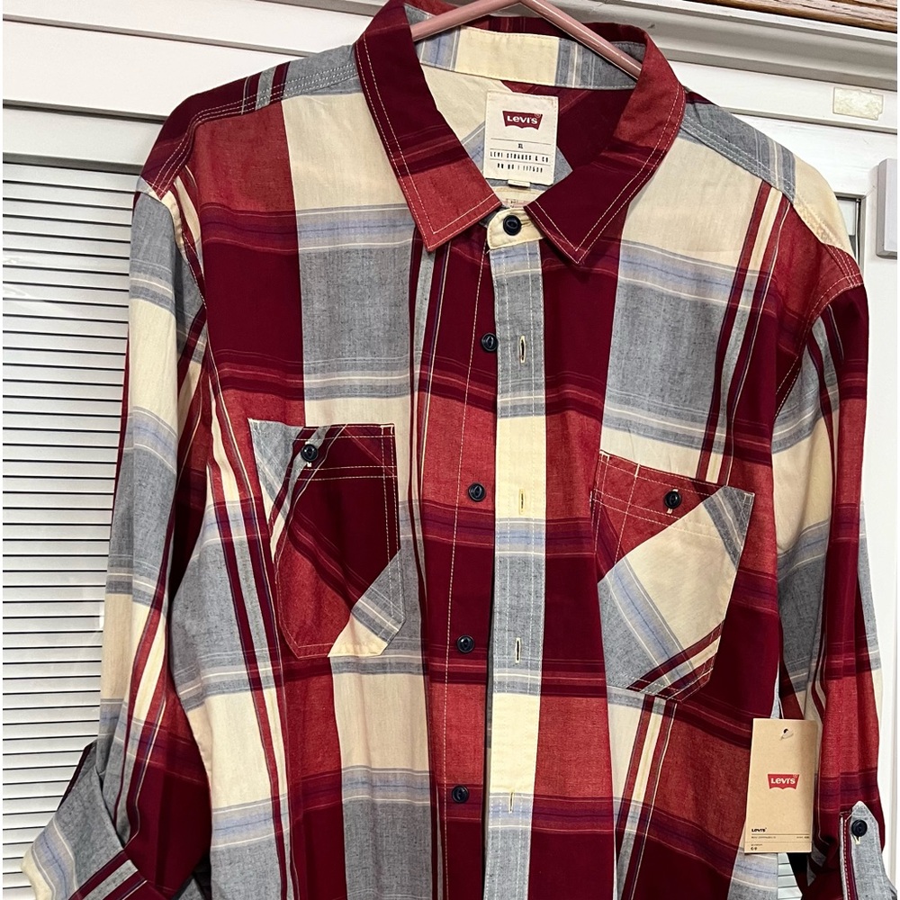 Brand New men’s dress shirt. Beautiful plaid colors. Red. Cream. Blue.